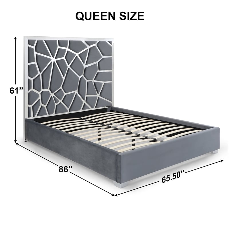 Serenity Queen Velvet Bed with Silver Metal Frame in Gray Color
