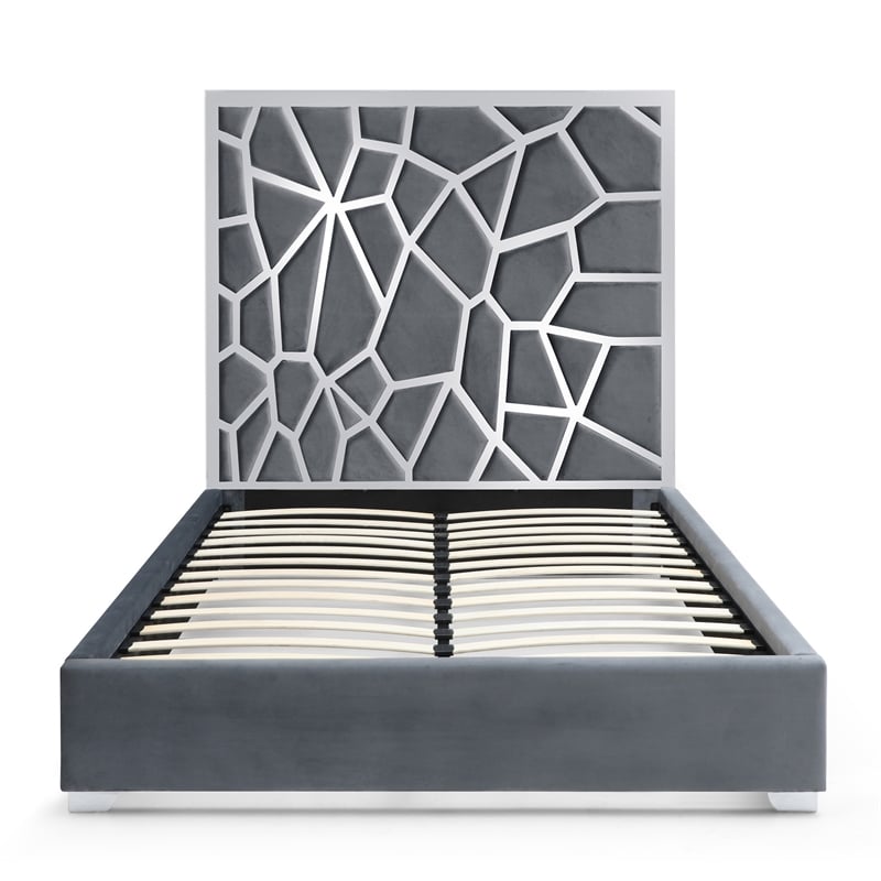 Serenity Queen Velvet Bed with Silver Metal Frame in Gray Color