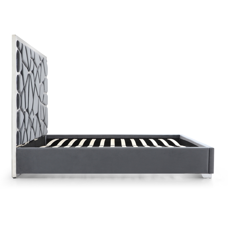 Serenity Queen Velvet Bed with Silver Metal Frame in Gray Color