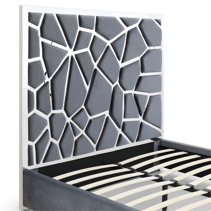 Serenity Queen Velvet Bed with Silver Metal Frame in Gray Color