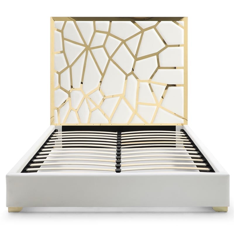 Serenity Queen Velvet Bed with Gold Metal Frame in Cream Color