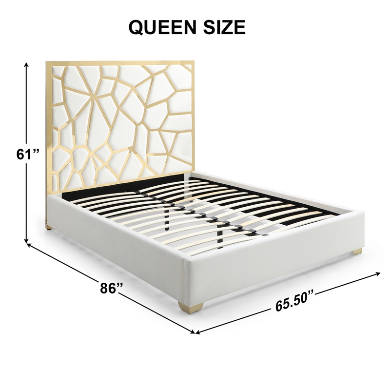 Serenity Queen Velvet Bed with Gold Metal Frame in Cream Color