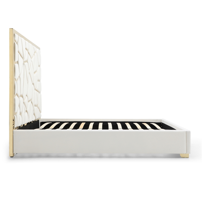 Serenity Queen Velvet Bed with Gold Metal Frame in Cream Color