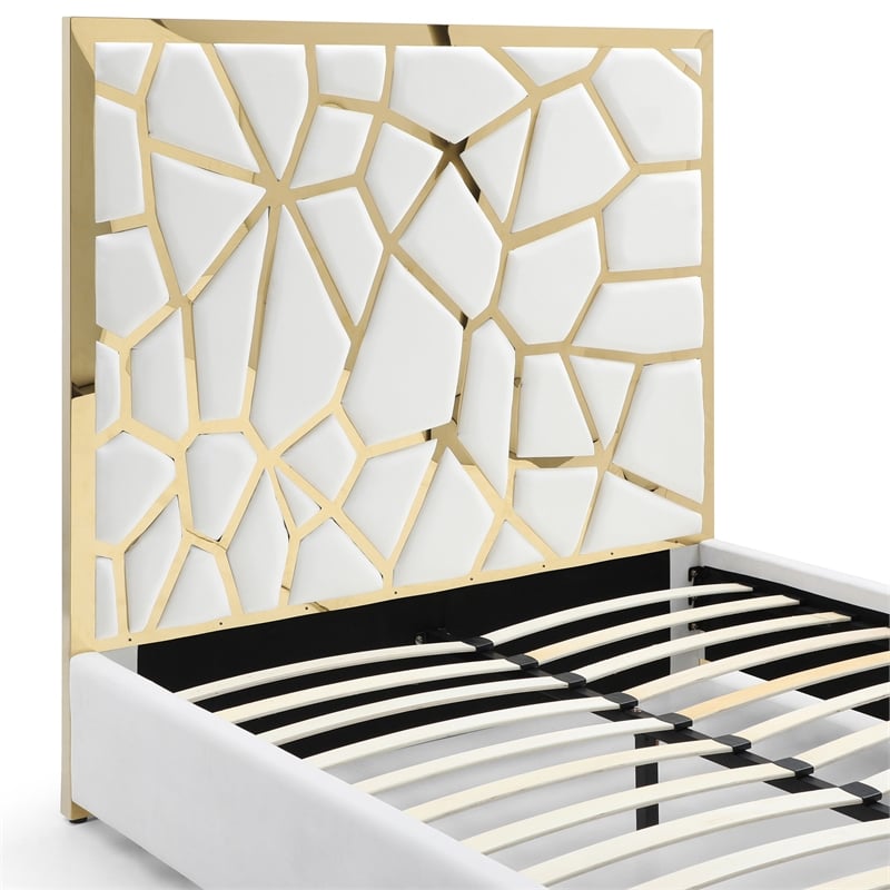 Serenity Queen Velvet Bed with Gold Metal Frame in Cream Color