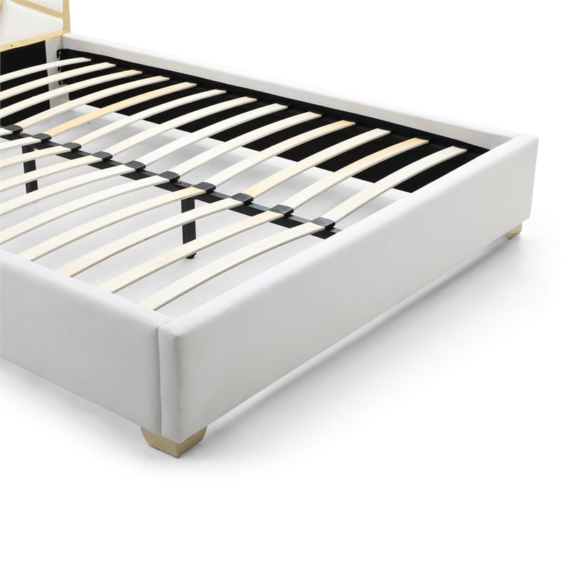 Serenity Queen Velvet Bed with Gold Metal Frame in Cream Color
