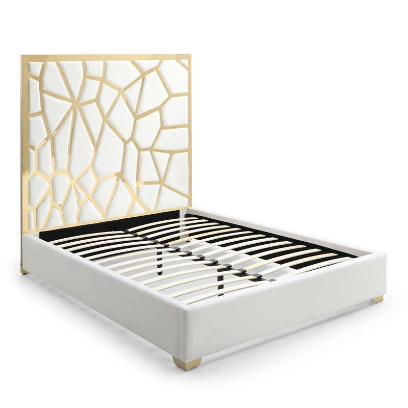 Serenity Queen Velvet Bed with Gold Metal Frame in Cream Color