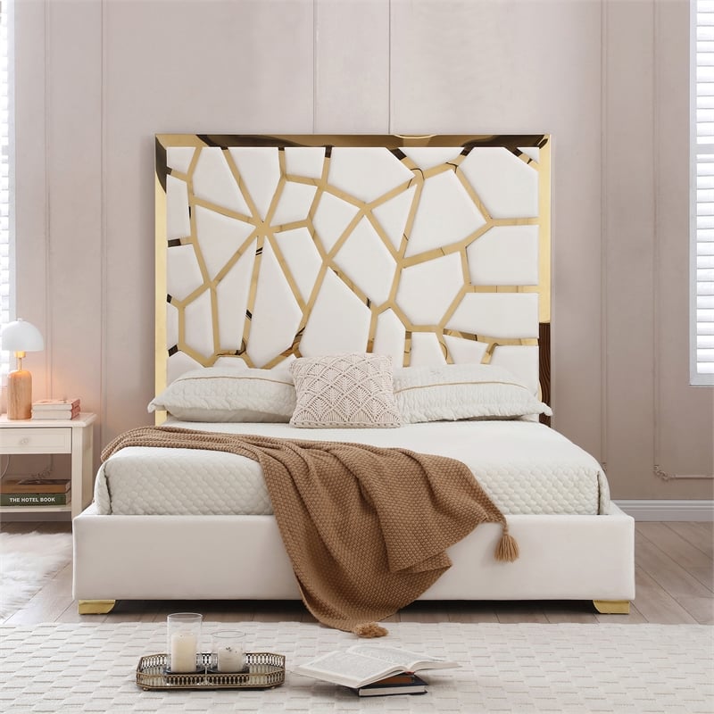 Serenity Queen Velvet Bed with Gold Metal Frame in Cream Color