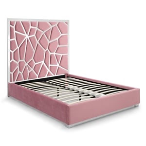 Serenity Queen Velvet Bed with Silver Metal Frame in Pink Color