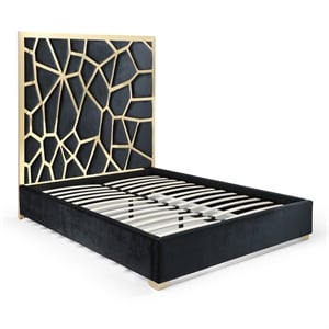 Serenity Queen Velvet Bed with Gold Metal Frame in Black Color
