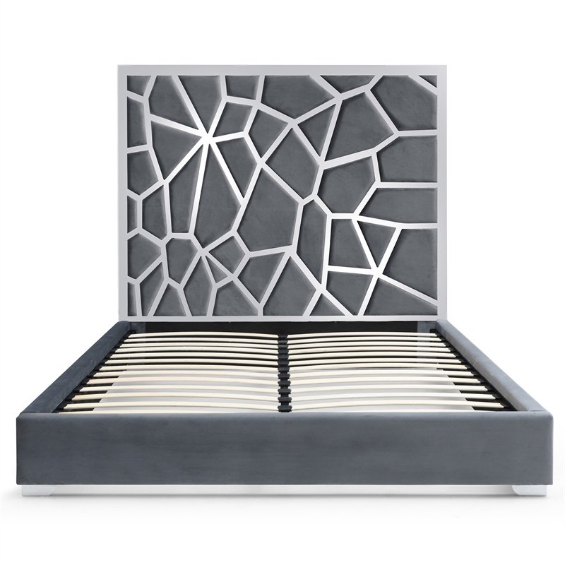 Serenity King Velvet Bed with Silver Metal Frame in Gray Color