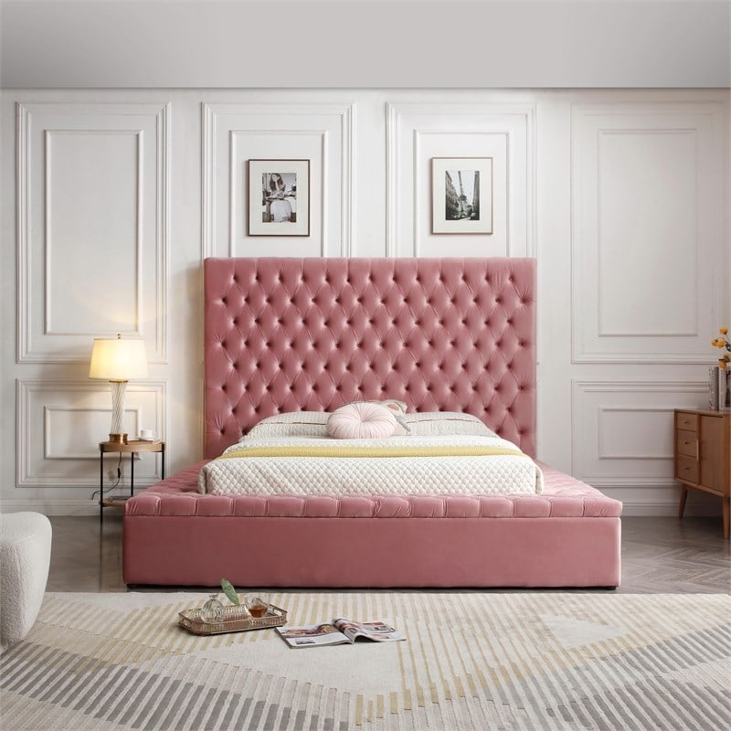 Cosmopolitan Queen Velvet Tufted Upholstered Storage Platform Bed in Pink