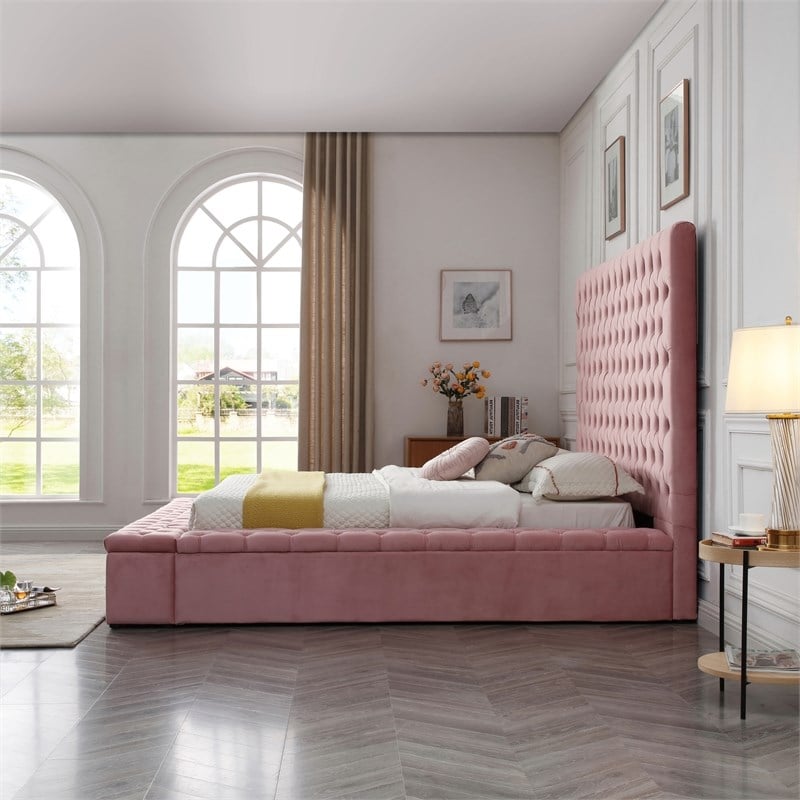 Cosmopolitan Queen Velvet Tufted Upholstered Storage Platform Bed in Pink