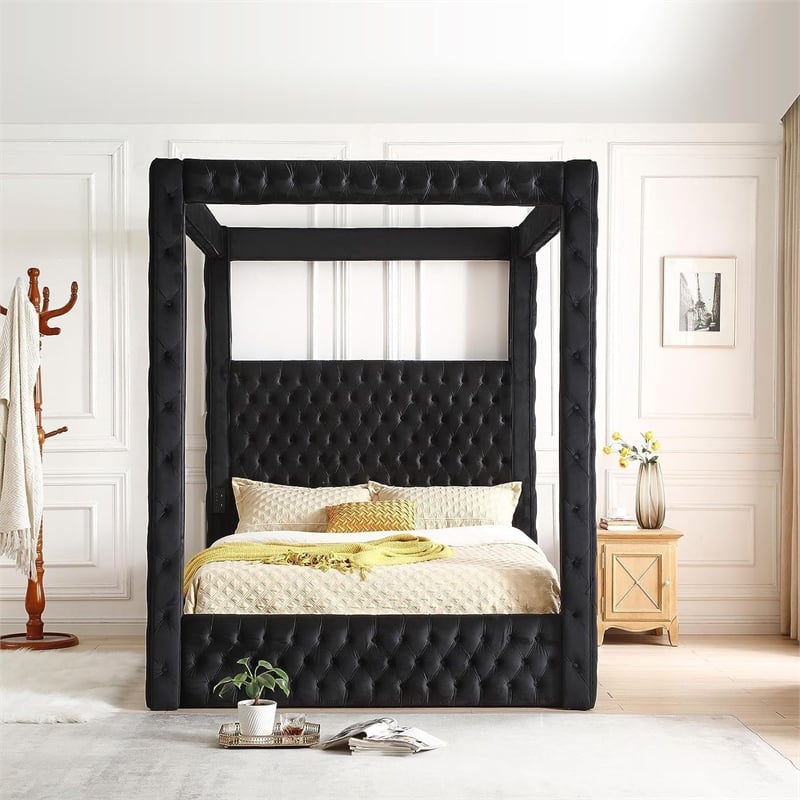 Luxurious Velvet Canopy Queen Bed with Speaker and USB Connection in Black