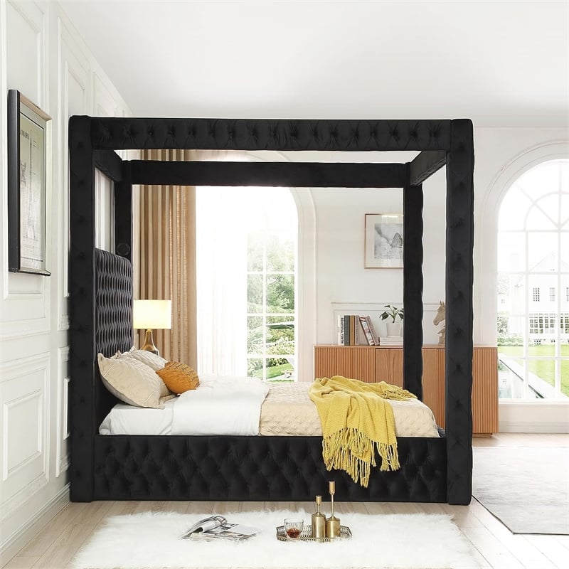 Luxurious Velvet Canopy Queen Bed with Speaker and USB Connection in Black