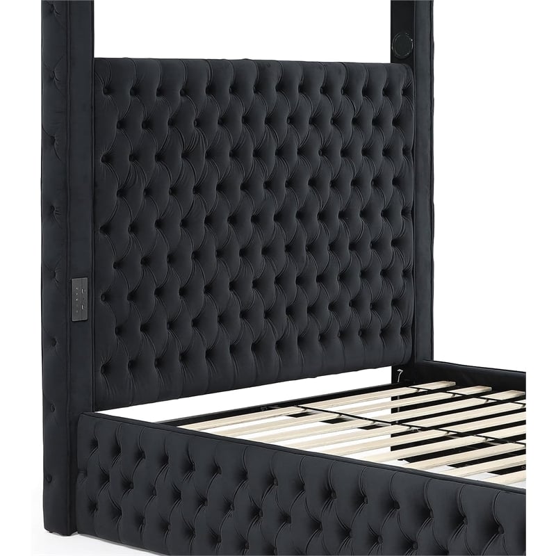 Luxurious Velvet Canopy Queen Bed with Speaker and USB Connection in Black