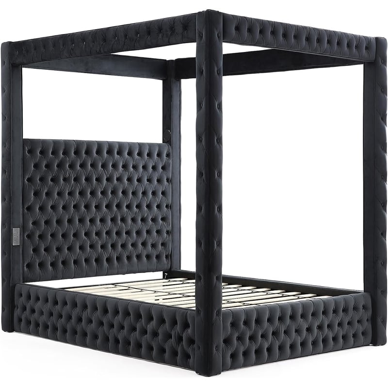 Luxurious Velvet Canopy Queen Bed with Speaker and USB Connection in Black