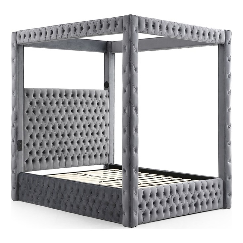 Luxurious Velvet Canopy Queen Bed with Speaker and USB Connection in Gray