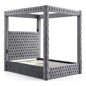 Luxurious Velvet Canopy Queen Bed with Speaker and USB Connection in Gray