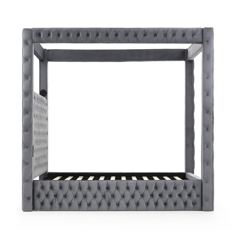 Luxurious Velvet Canopy Queen Bed with Speaker and USB Connection in Gray