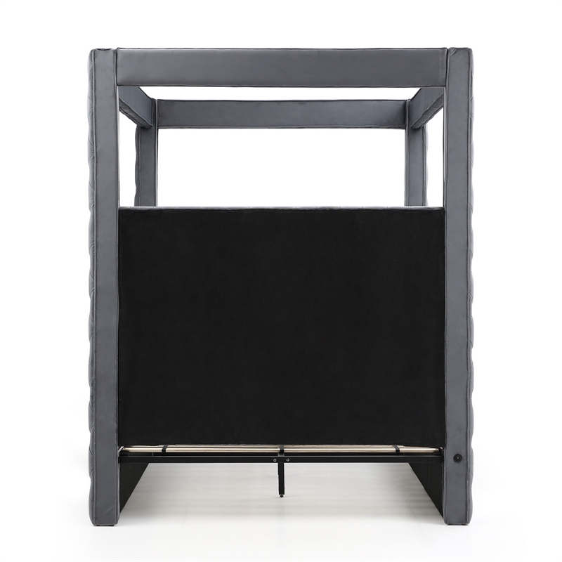 Luxurious Velvet Canopy Queen Bed with Speaker and USB Connection in Gray