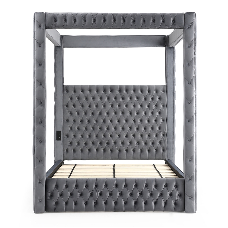 Luxurious Velvet Canopy Queen Bed with Speaker and USB Connection in Gray