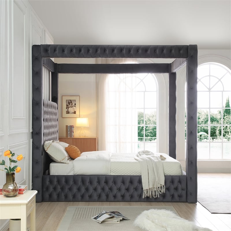Luxurious Velvet Canopy Queen Bed with Speaker and USB Connection in Gray