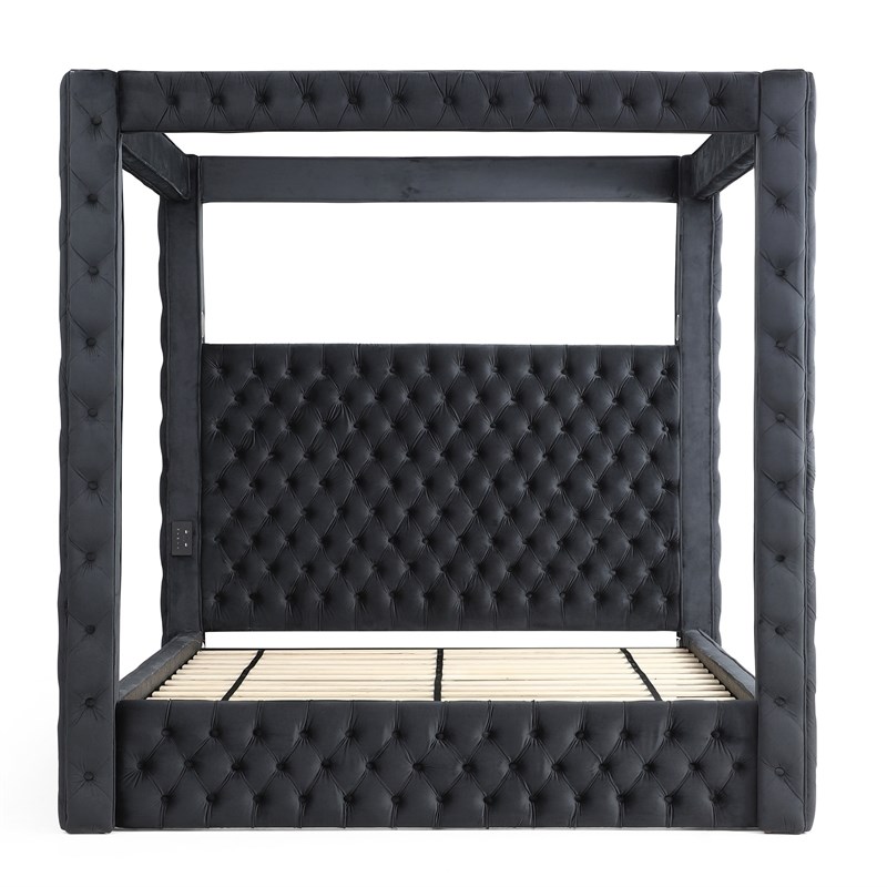 Luxurious Velvet Canopy King Bed with Speaker and USB Connection in Black