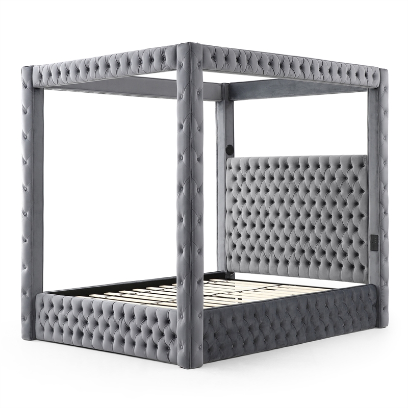 Luxurious Velvet Canopy King Bed with Speaker and USB Connection in Gray
