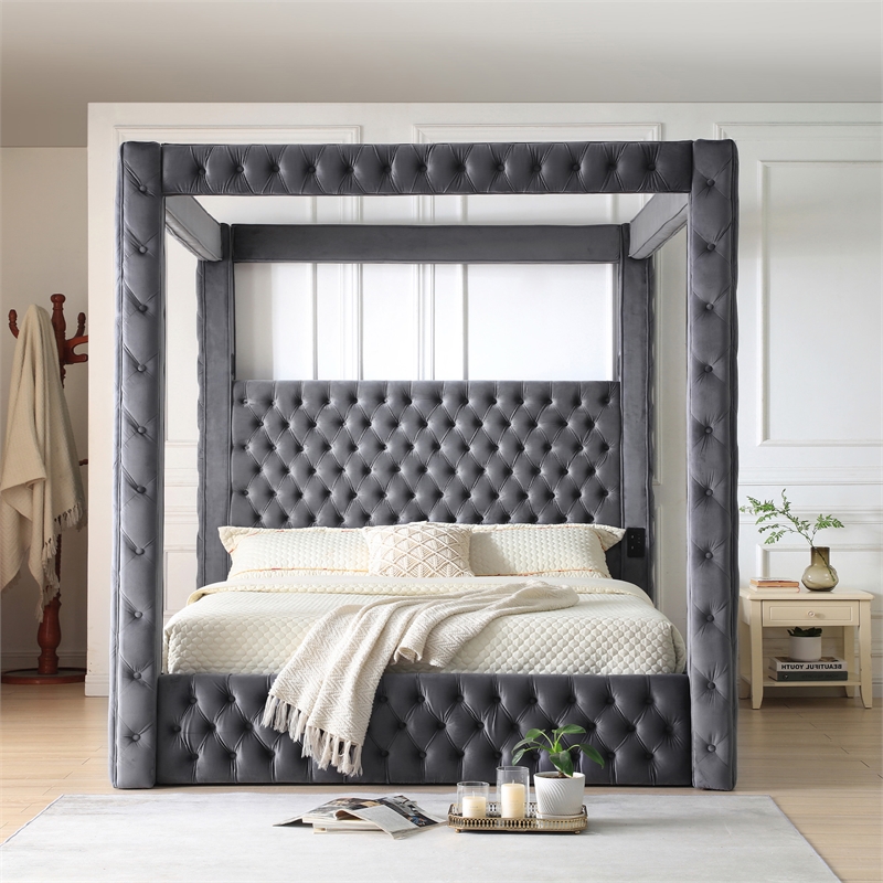 Luxurious Velvet Canopy King Bed with Speaker and USB Connection in Gray