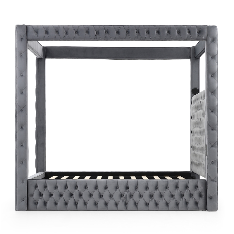 Luxurious Velvet Canopy King Bed with Speaker and USB Connection in Gray