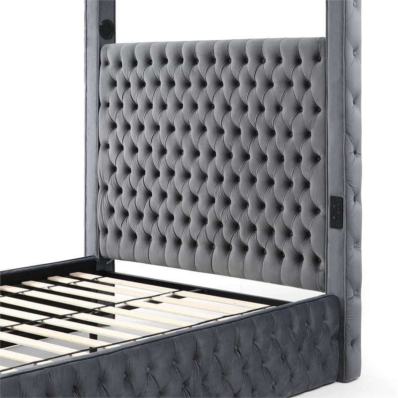 Luxurious Velvet Canopy King Bed with Speaker and USB Connection in Gray