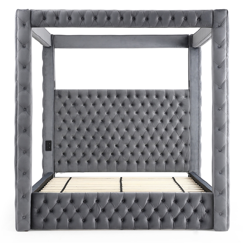Luxurious Velvet Canopy King Bed with Speaker and USB Connection in Gray