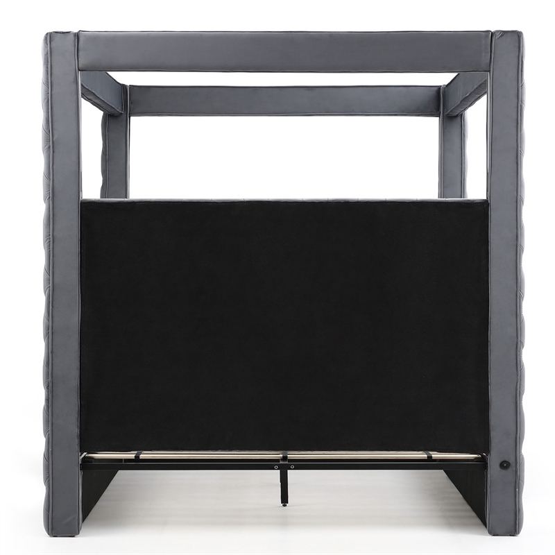 Luxurious Velvet Canopy King Bed with Speaker and USB Connection in Gray