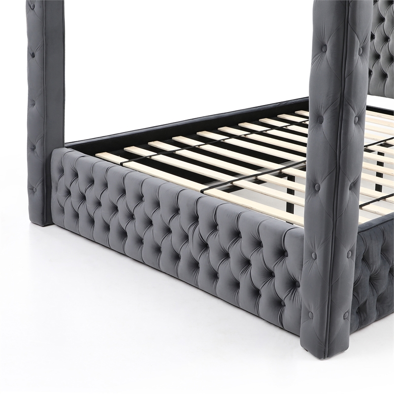 Luxurious Velvet Canopy King Bed with Speaker and USB Connection in Gray