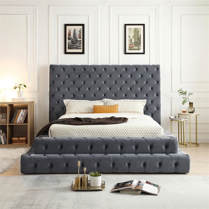 Eleonora Queen Size Luxurious Upholstered Velvet Bed in Gray Color