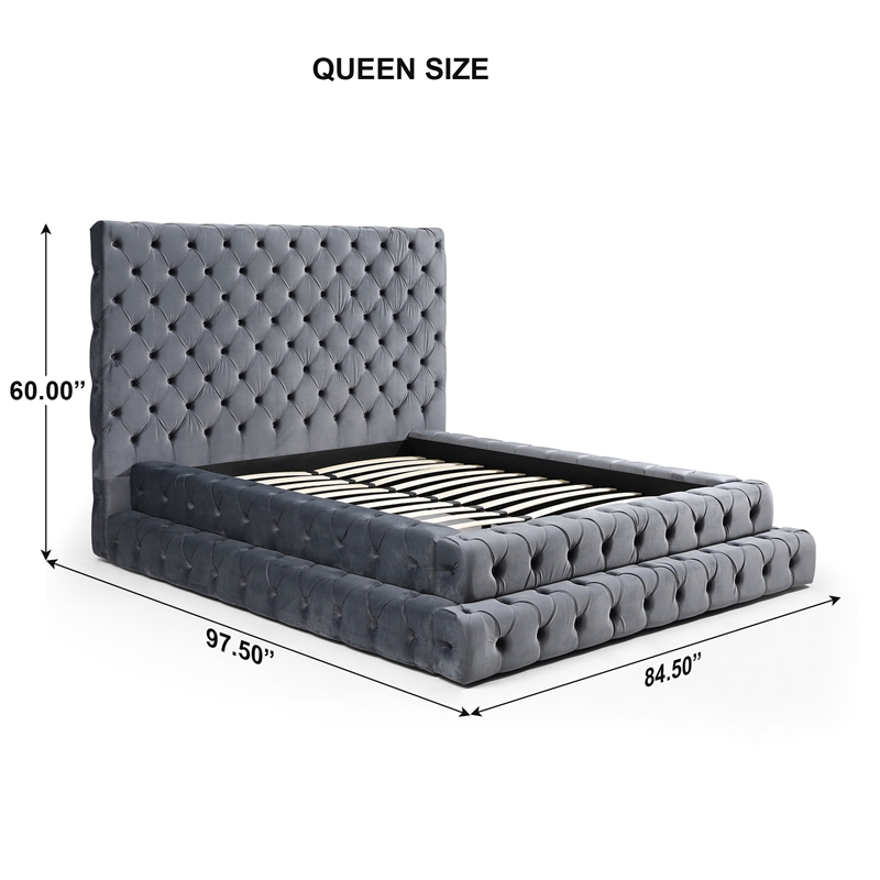 Eleonora Queen Size Luxurious Upholstered Velvet Bed in Gray Color