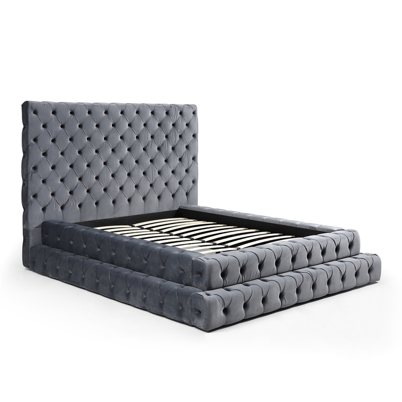 Eleonora Queen Size Luxurious Upholstered Velvet Bed in Gray Color