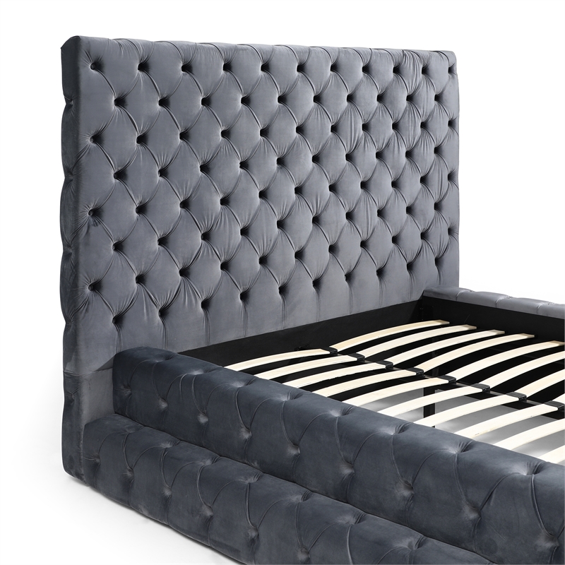 Eleonora Queen Size Luxurious Upholstered Velvet Bed in Gray Color