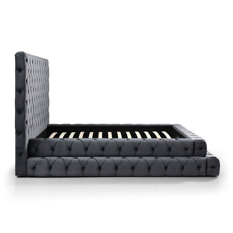 Eleonora King Size Luxurious Upholstered Velvet Bed in Gray Color