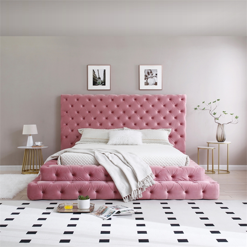Eleonora King Size Luxurious Upholstered Velvet Bed in Pink Color