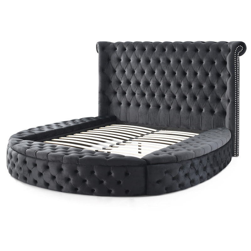 Elizabeth Upholstered Velvet Round Storage Queen Size Bed in Black Color