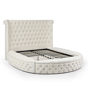 Elizabeth Upholstered Velvet Round Storage Queen Size Bed in Cream Color