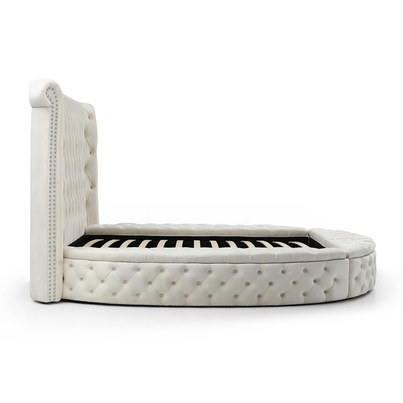 Elizabeth Upholstered Velvet Round Storage King Size Bed in Cream Color
