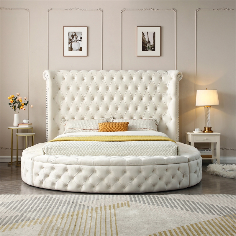 Elizabeth Upholstered Velvet Round Storage King Size Bed in Cream Color