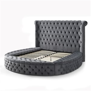Elizabeth Upholstered Velvet Round Storage King Size Bed in Gray Color