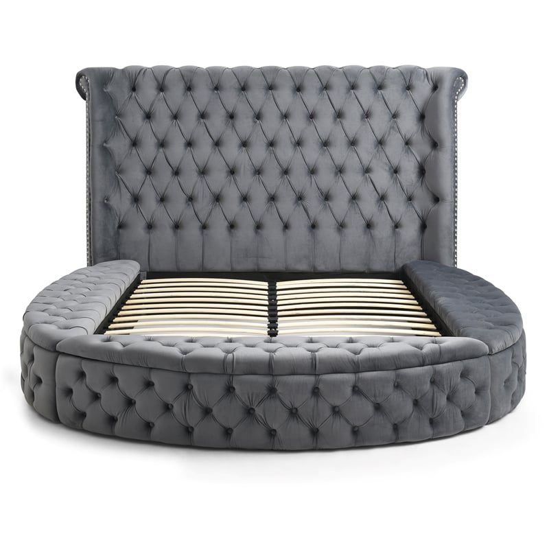 Elizabeth Upholstered Velvet Round Storage King Size Bed in Gray Color