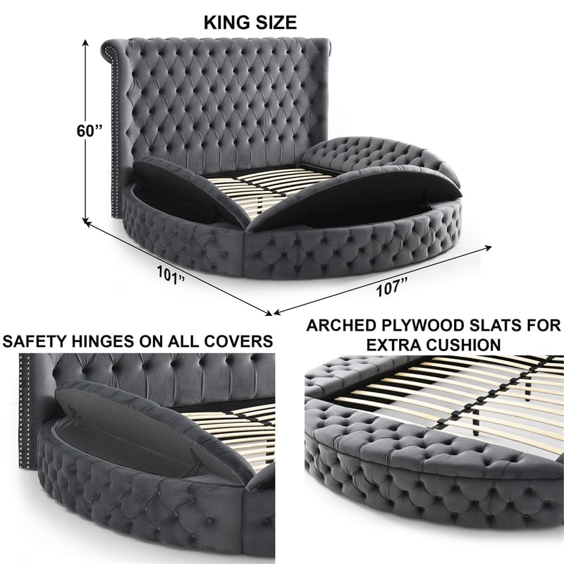 Elizabeth Upholstered Velvet Round Storage King Size Bed in Gray Color