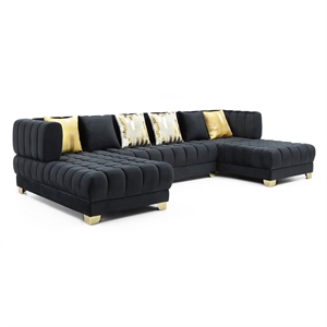 Marigold Black Velvet U-Shaped Double Chaise Sectional Sofa Gold or Silver Legs