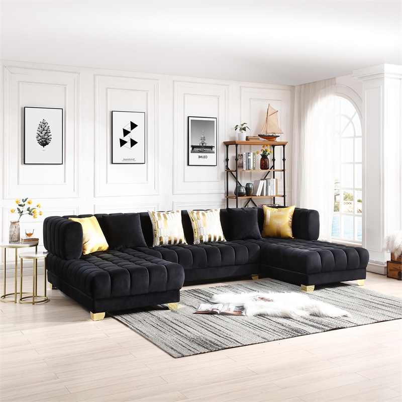 Marigold Black Velvet U-Shaped Double Chaise Sectional Sofa Gold or Silver Legs
