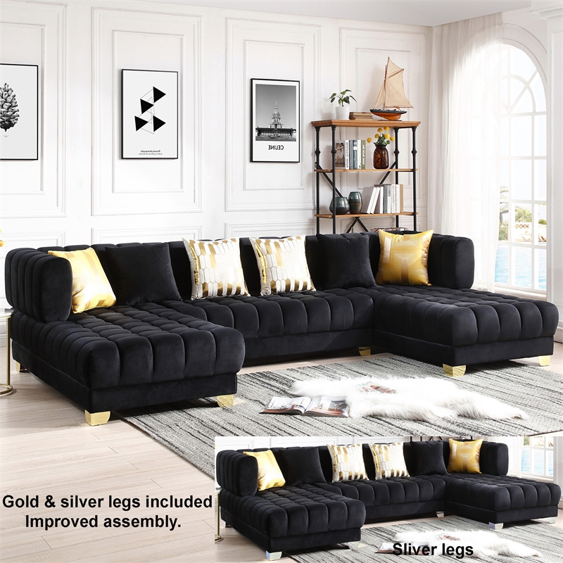 Marigold Black Velvet U-Shaped Double Chaise Sectional Sofa Gold or Silver Legs
